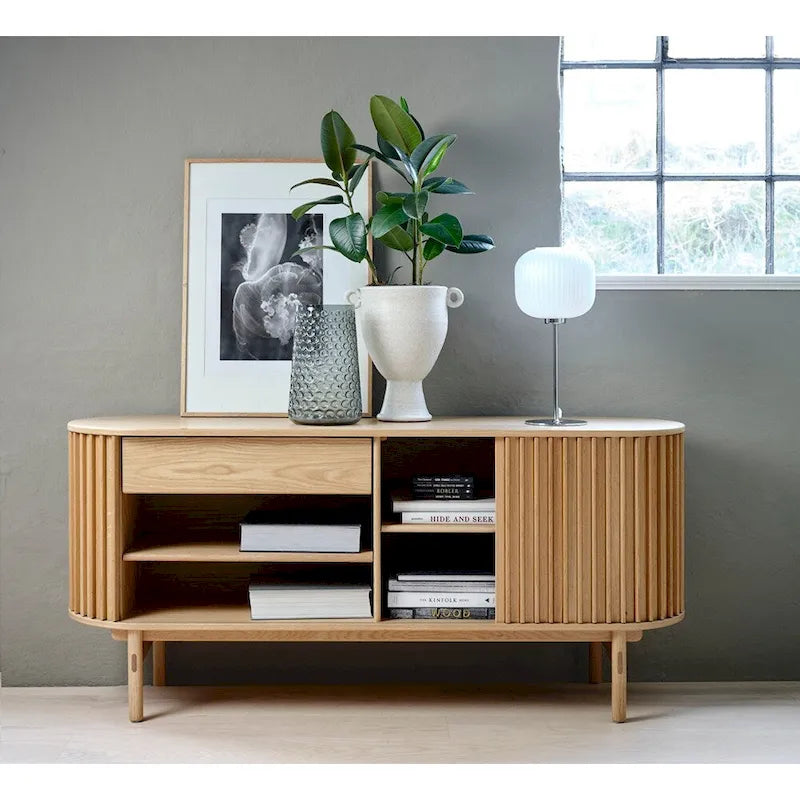 Natural Oak Sliding Door Sideboard - Mid-Century Modern Style - 63W