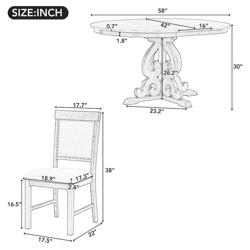 Set da pranzo allungabile tradizionale da 58" con 4 sedie imbottite