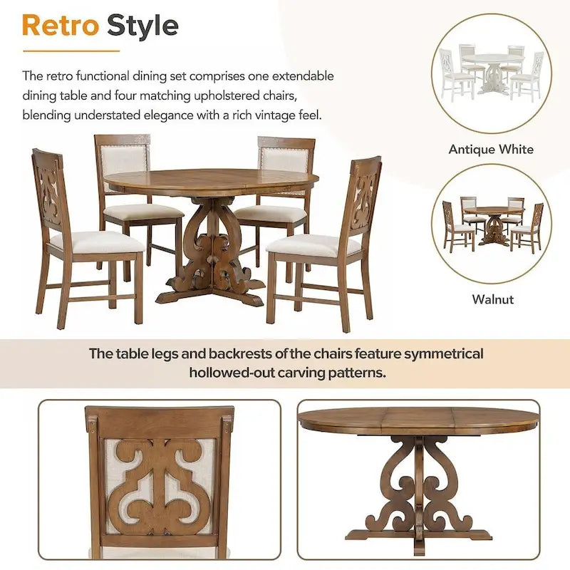 Set da pranzo allungabile tradizionale da 58" con 4 sedie imbottite