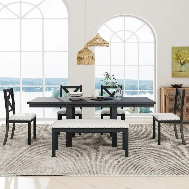 82inch 6-Piece Extendable Dining Table with Footrest, 4 Upholstered Dining Chairs and Dining Bench, Two 11Removable Leaf