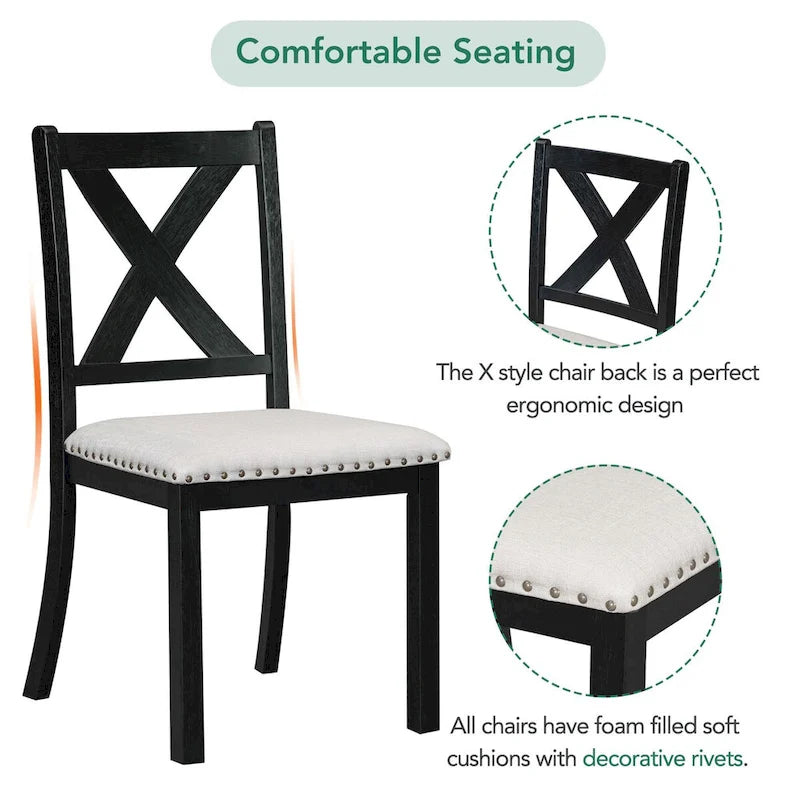 82inch 6-Piece Extendable Dining Table with Footrest, 4 Upholstered Dining Chairs and Dining Bench, Two 11Removable Leaf