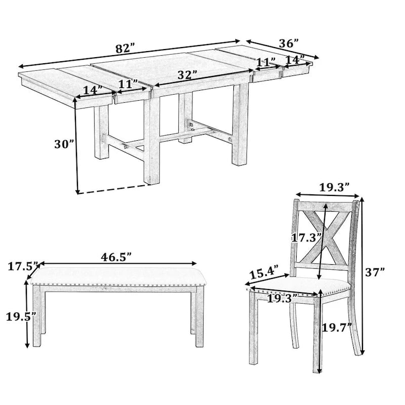 82inch 6-Piece Extendable Dining Table with Footrest, 4 Upholstered Dining Chairs and Dining Bench, Two 11Removable Leaf