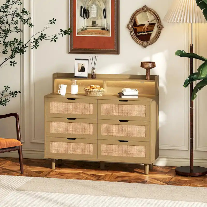 White Rattan 6-Drawer Storage Cabinet with LED Lights