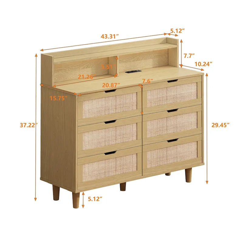 White Rattan 6-Drawer Storage Cabinet with LED Lights