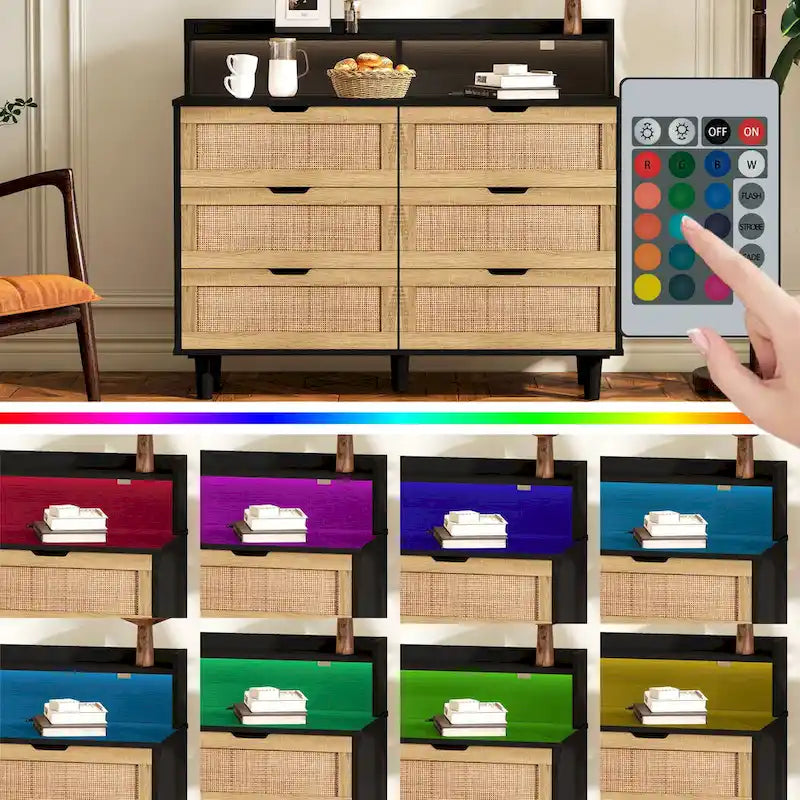 White Rattan 6-Drawer Storage Cabinet with LED Lights