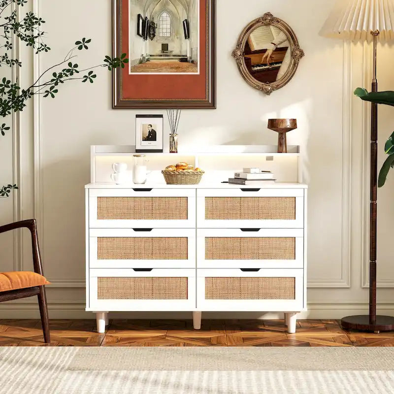 White Rattan 6-Drawer Storage Cabinet with LED Lights