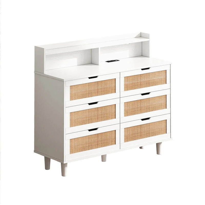 White Rattan 6-Drawer Storage Cabinet with LED Lights