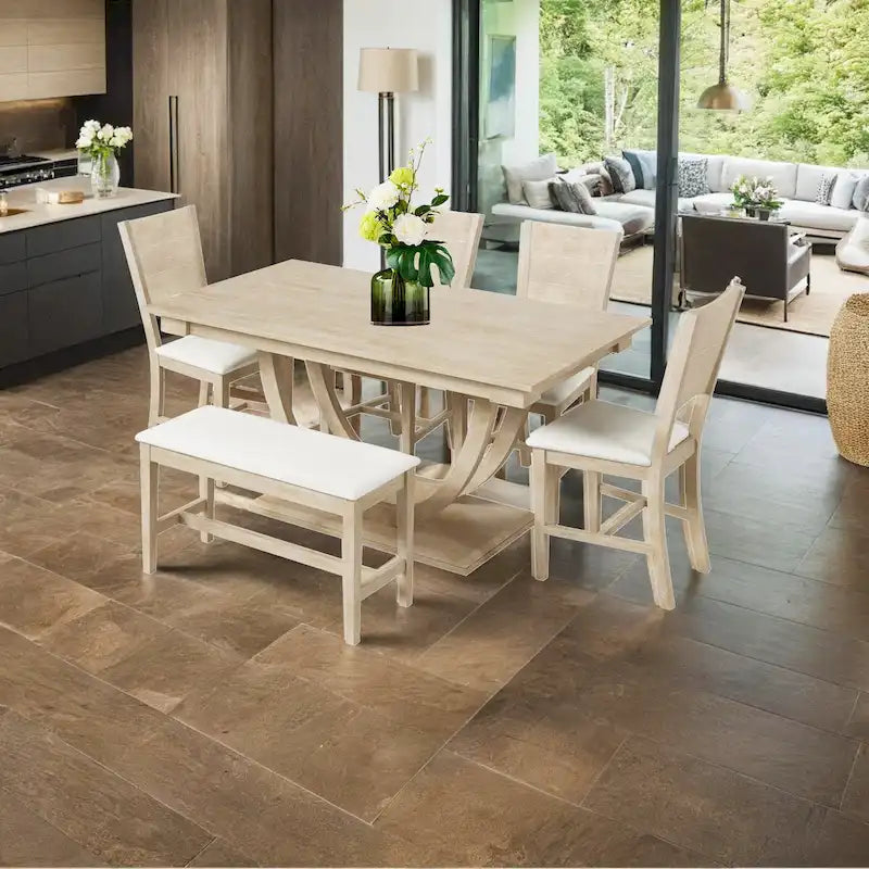 Set da pranzo da 6 pezzi con tavolo semicircolare in legno, panca lunga e 4 sedie da pranzo, stile moderno