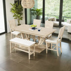 6-Piece Wood Half Round Dining Table Set Kitchen Table Set with Long Bench and 4 Dining Chairs, Modern Style