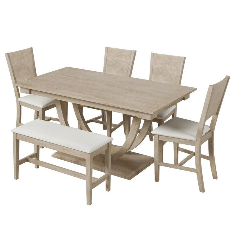 6-Piece Wood Half Round Dining Table Set Kitchen Table Set with Long Bench and 4 Dining Chairs, Modern Style
