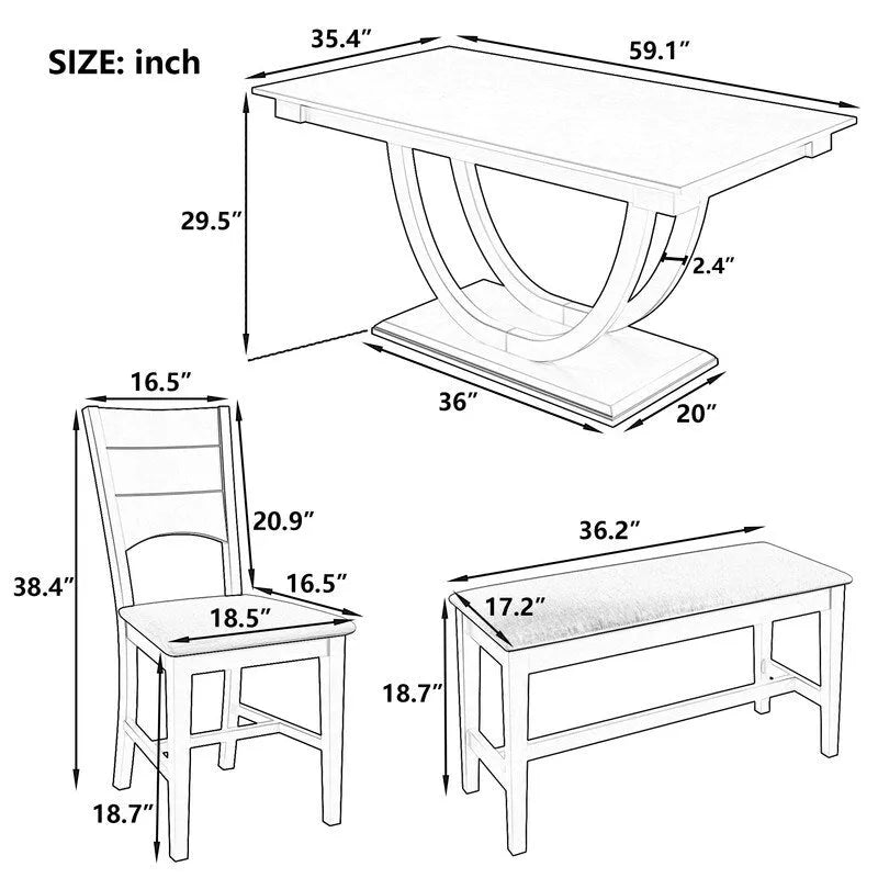 6-Piece Wood Half Round Dining Table Set Kitchen Table Set with Long Bench and 4 Dining Chairs, Modern Style