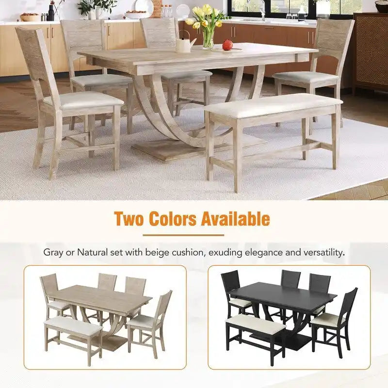 6-Piece Wood Half Round Dining Table Set Kitchen Table Set with Long Bench and 4 Dining Chairs, Modern Style