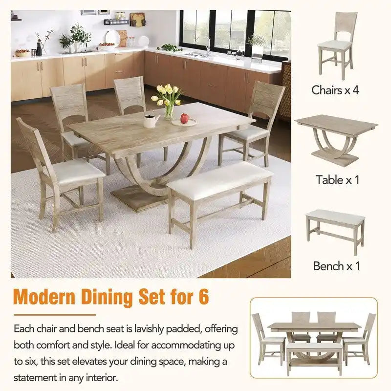 6-Piece Wood Half Round Dining Table Set Kitchen Table Set with Long Bench and 4 Dining Chairs, Modern Style