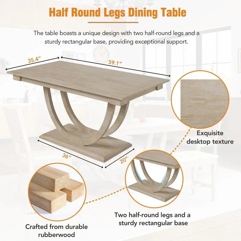 6-Piece Wood Half Round Dining Table Set Kitchen Table Set with Long Bench and 4 Dining Chairs, Modern Style