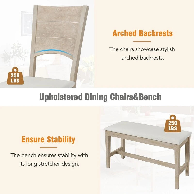 6-Piece Wood Half Round Dining Table Set Kitchen Table Set with Long Bench and 4 Dining Chairs, Modern Style