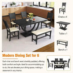 6-Piece Wood Half Round Dining Table Set Kitchen Table Set with Long Bench and 4 Dining Chairs, Modern Style
