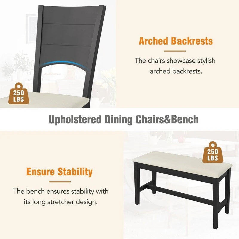 6-Piece Wood Half Round Dining Table Set Kitchen Table Set with Long Bench and 4 Dining Chairs, Modern Style
