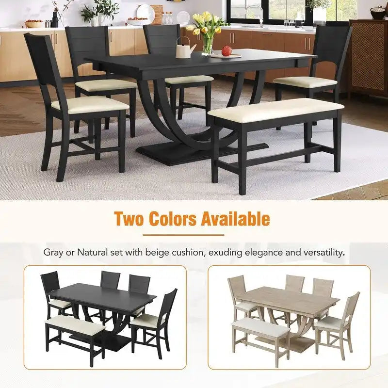 6-Piece Wood Half Round Dining Table Set Kitchen Table Set with Long Bench and 4 Dining Chairs, Modern Style