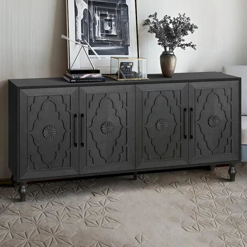 Large Storage Cabinet with Carved Flower Doors and Metal Handles