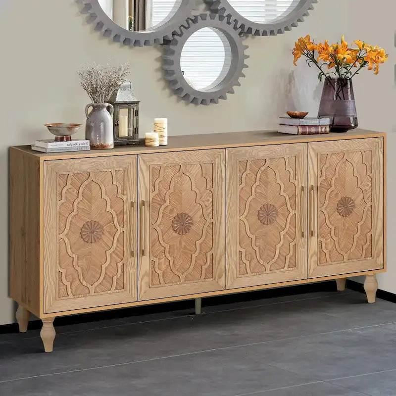 Large Storage Cabinet with Carved Flower Doors and Metal Handles