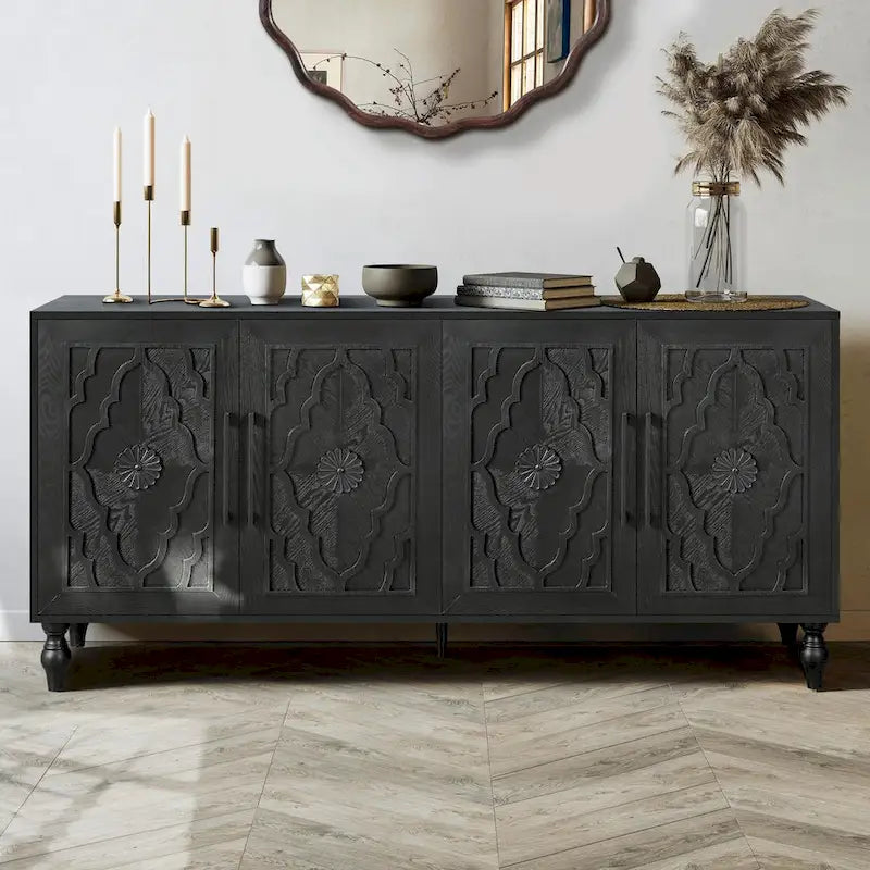 Large Storage Cabinet with Carved Flower Doors and Metal Handles