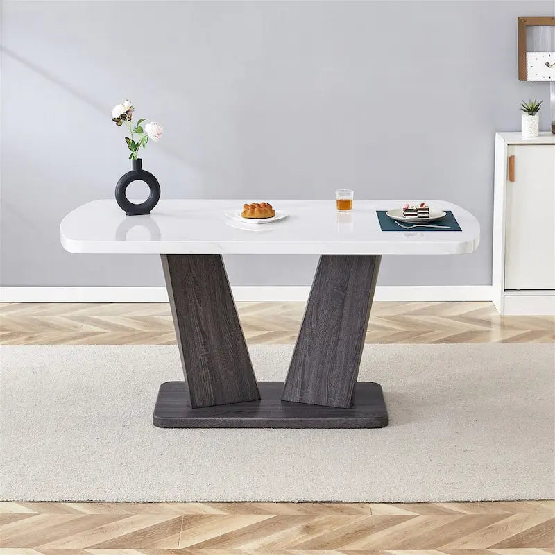 Merax Modern Dining Table with V-Shape MDF Base/ Linen Tufted Dining Room Chairs Set of 6