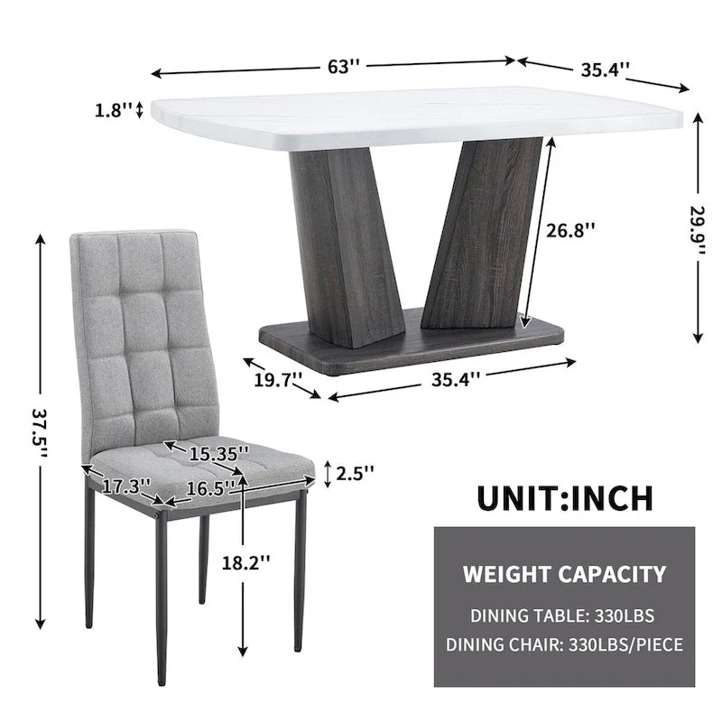 Merax Modern Dining Table with V-Shape MDF Base/ Linen Tufted Dining Room Chairs Set of 6