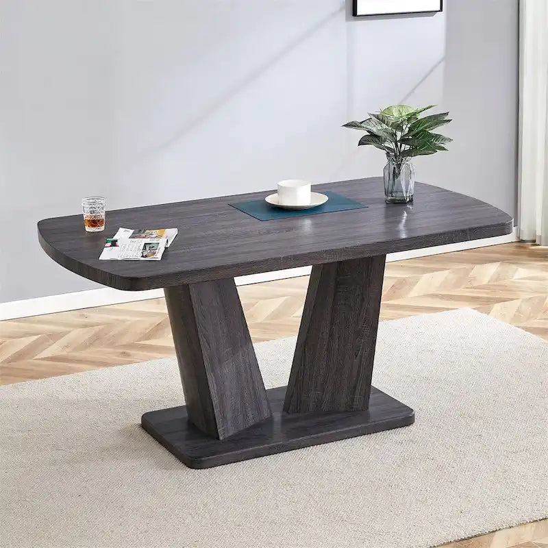 Merax Modern Dining Table with V-Shape MDF Base/ Linen Tufted Dining Room Chairs Set of 6