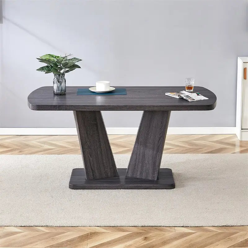 Merax Modern Dining Table with V-Shape MDF Base/ Linen Tufted Dining Room Chairs Set of 6