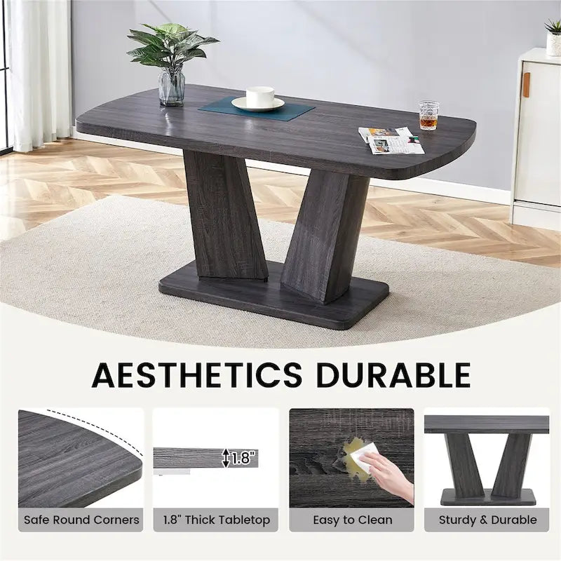 Merax Modern Dining Table with V-Shape MDF Base/ Linen Tufted Dining Room Chairs Set of 6