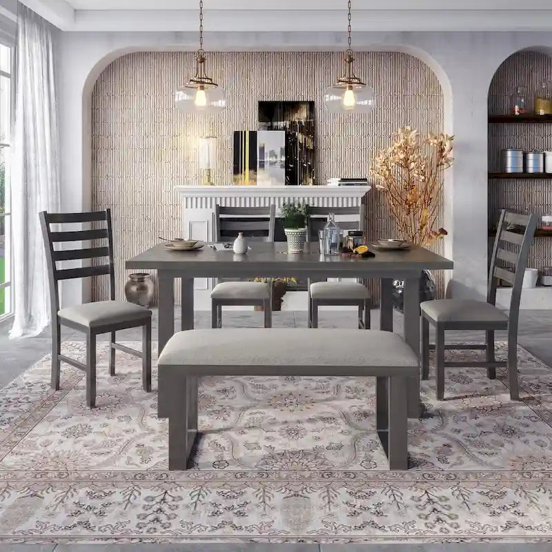 Set sala da pranzo da 6 pezzi con tavolo e 4 sedie con panca
