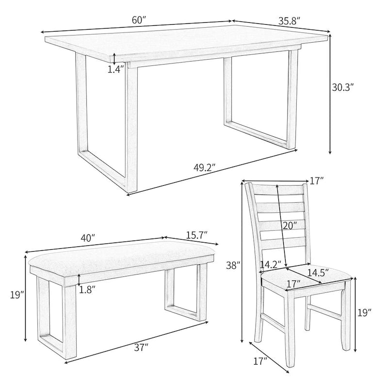 Set sala da pranzo da 6 pezzi con tavolo e 4 sedie con panca
