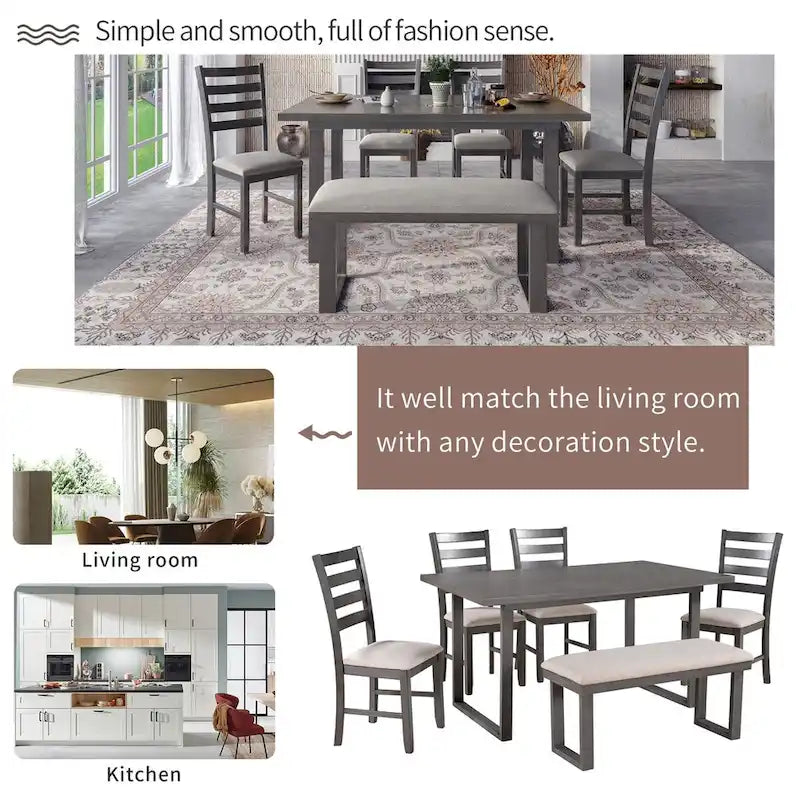 Set sala da pranzo da 6 pezzi con tavolo e 4 sedie con panca