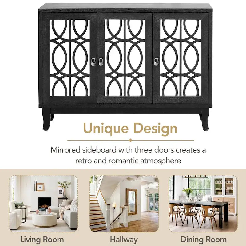 Sideboard with 3 Door Mirrored Buffet Cabinet