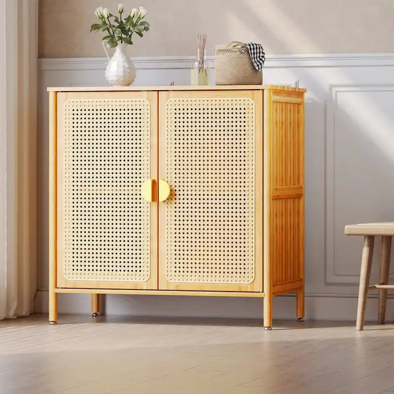 Natural Bamboo Rattan 2-Door Storage Cabinet