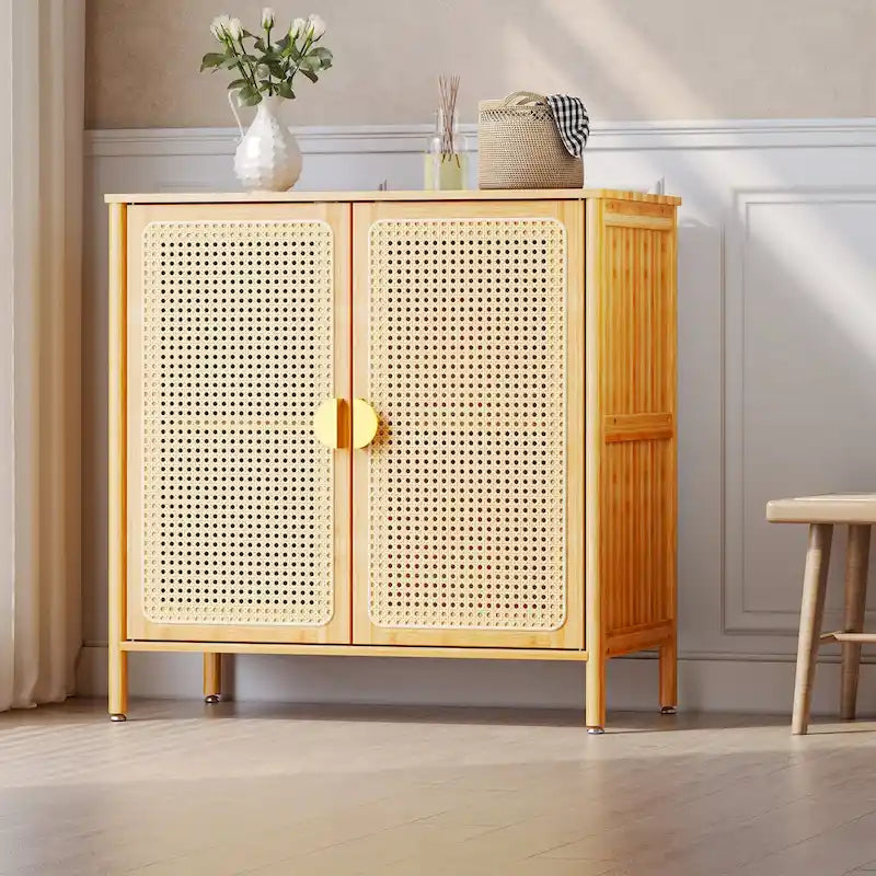 Natural Bamboo Rattan 2-Door Storage Cabinet