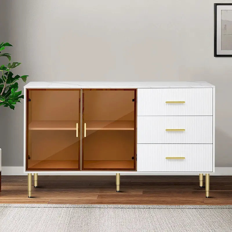 Madia Moderna di Design in Legno con 2 Ante in Vetro Temperato Giallo Ambra