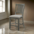 26 Inch Counter Height Chair Set of 2, Slat Back, Gray Wood, Fabric Seat