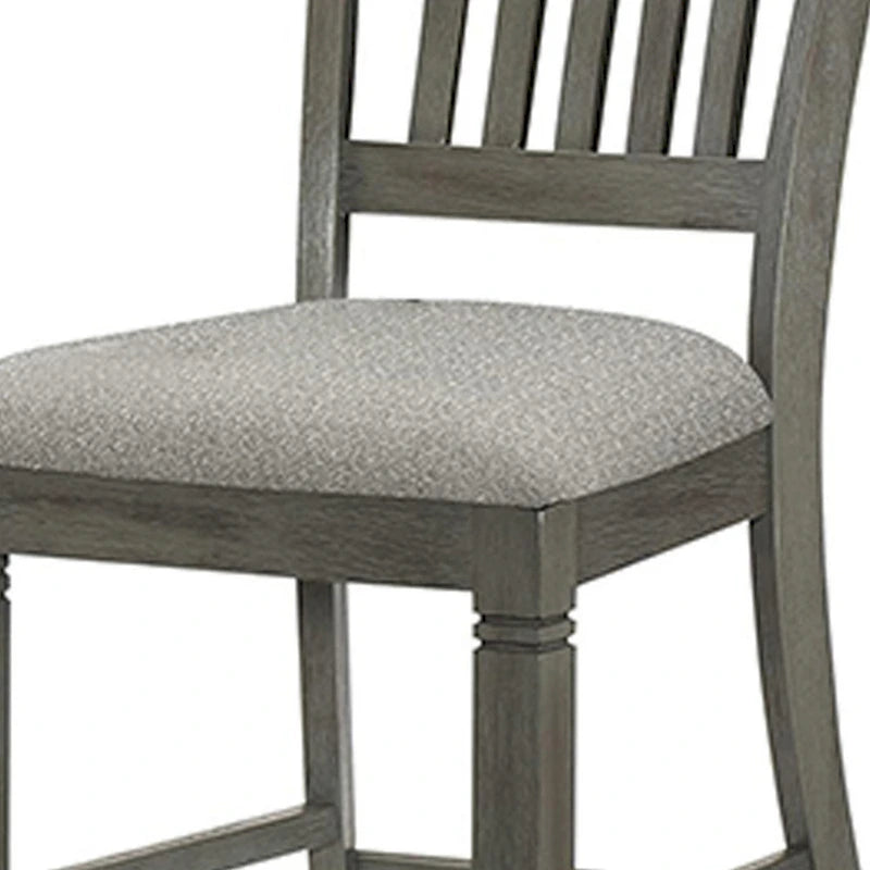 26 Inch Counter Height Chair Set of 2, Slat Back, Gray Wood, Fabric Seat