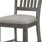 26 Inch Counter Height Chair Set of 2, Slat Back, Gray Wood, Fabric Seat