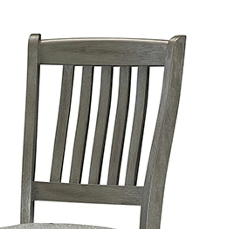 26 Inch Counter Height Chair Set of 2, Slat Back, Gray Wood, Fabric Seat