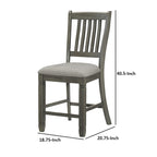 26 Inch Counter Height Chair Set of 2, Slat Back, Gray Wood, Fabric Seat