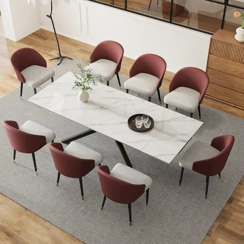 Set da pranzo rettangolare allungabile a 9 pezzi in pietra sinterizzata con gambe incrociate e 8 sedie per casa o villa