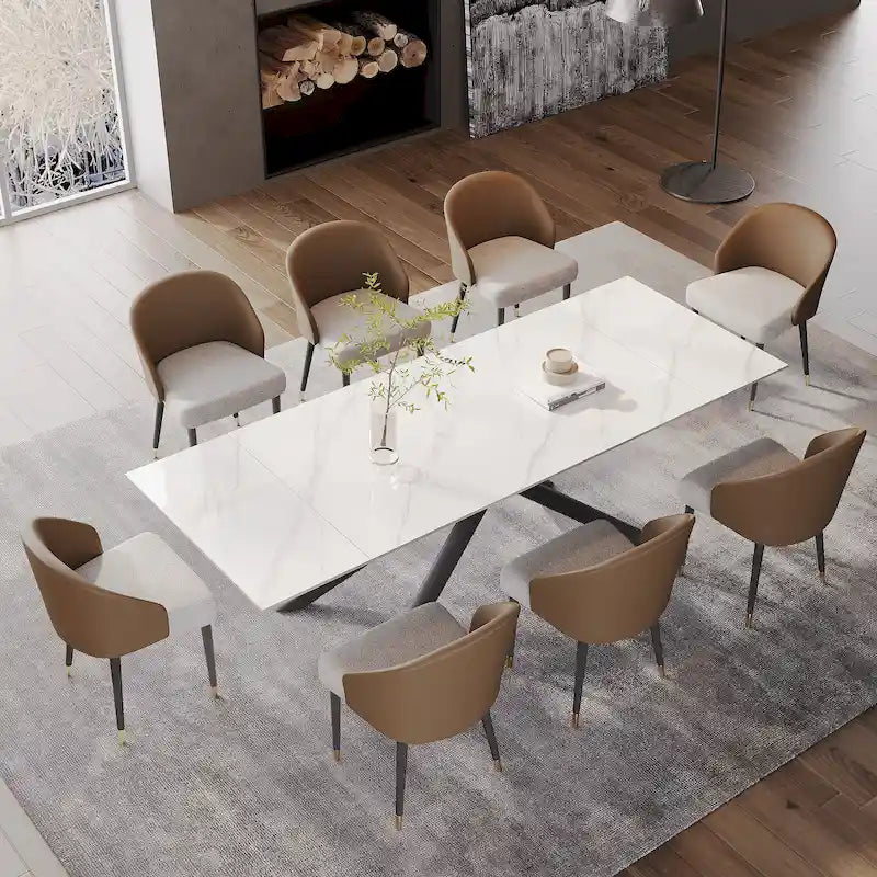 Set da pranzo rettangolare allungabile a 9 pezzi in pietra sinterizzata con gambe incrociate e 8 sedie per casa o villa