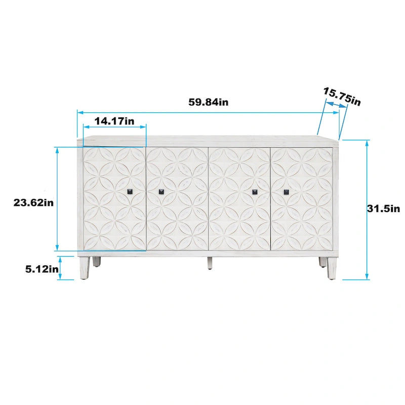 60-in Modern Wash White 4 Door Wooden Sideboard Buffet Server Accent Storage Cabinet