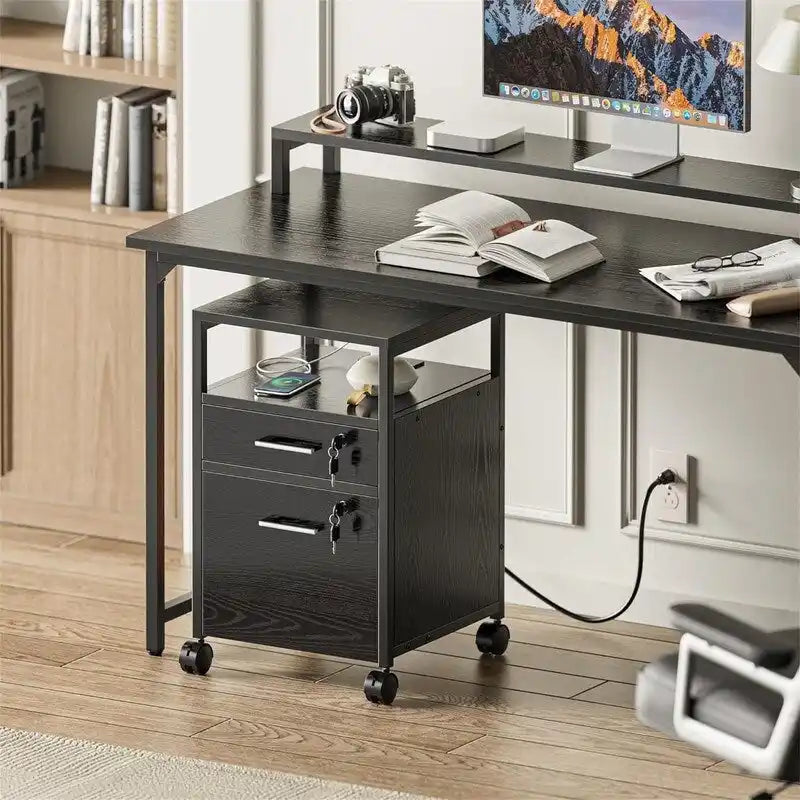 File Cabinet with Lock Charging Station 2 Drawers Rolling Filing Cabinet - 15.7D x 15.7W x 26H