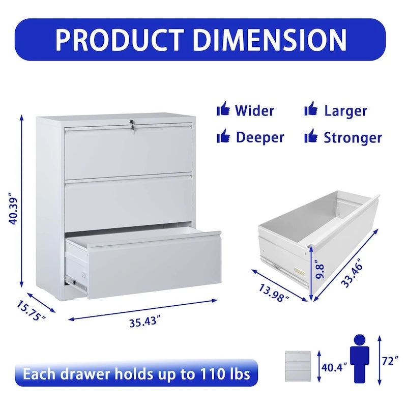 3-Drawer Metal Filing Cabinet with Lock - Home Office