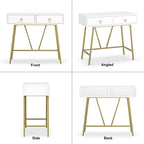 Anmytek Modern Home Office Desk 35.4 Makeup Vanity Table White 2 Drawers Writing Computer Desk with Golden Legs