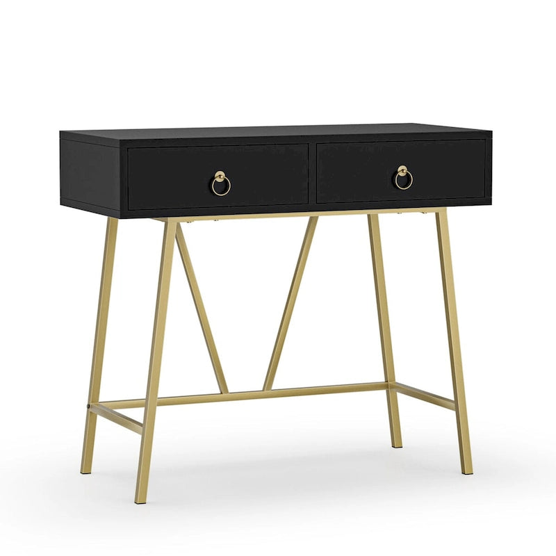 Anmytek Modern Home Office Desk 35.4 Makeup Vanity Table White 2 Drawers Writing Computer Desk with Golden Legs
