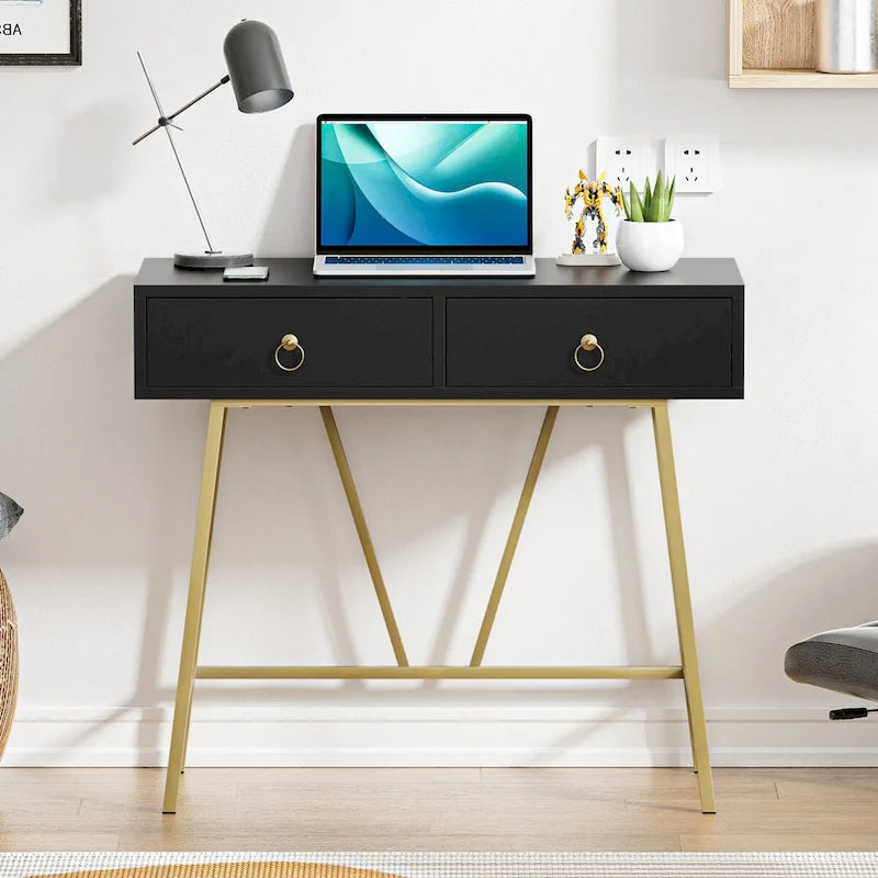 Anmytek Modern Home Office Desk 35.4 Makeup Vanity Table White 2 Drawers Writing Computer Desk with Golden Legs
